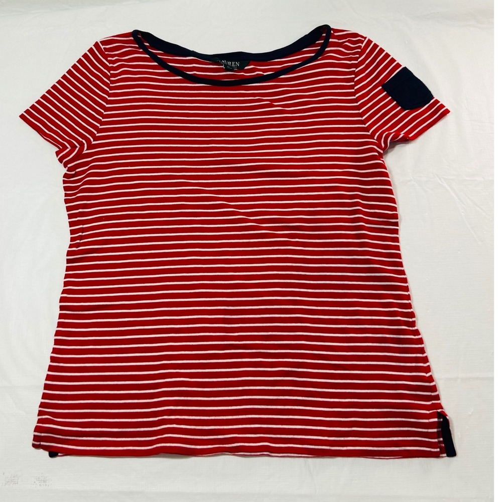 Lauren Ralph Lauren Red White Striped Nautical Cotton Tee Shirt XL